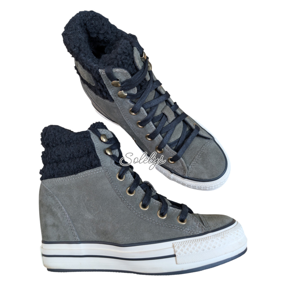 Converse 2014 RARE Platform Plus Sherpa Hidden Wedge Grey Suede Sneaker Boot‎ 7